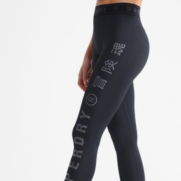 Superdry Training Elastic Legging in Ebony and yellow text, size 8 - Picture 2 of 5